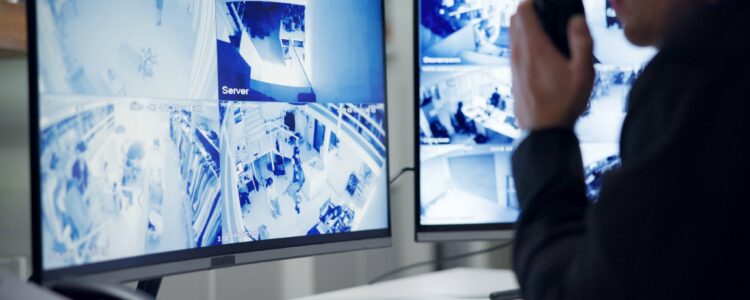 Male security guard, radio and speaking by cctv monitor for protection.