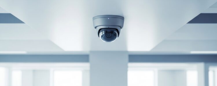 Security camera mounted on a white ceiling
