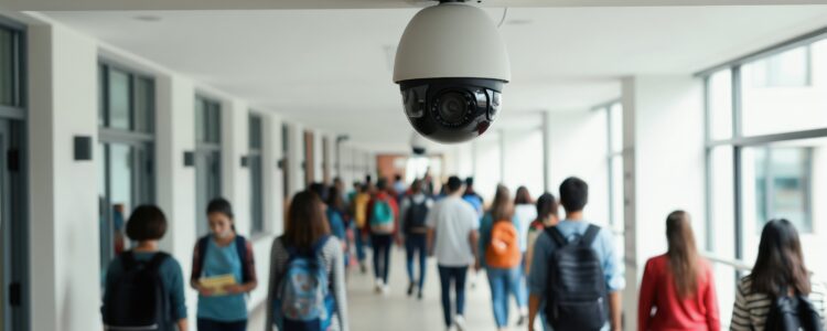 Dome security camera watches diverse students walking in school hallway.