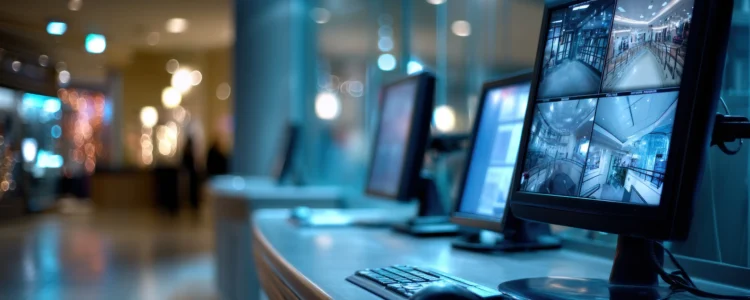Security operator monitoring shopping mall with cctv cameras on multiple monitors